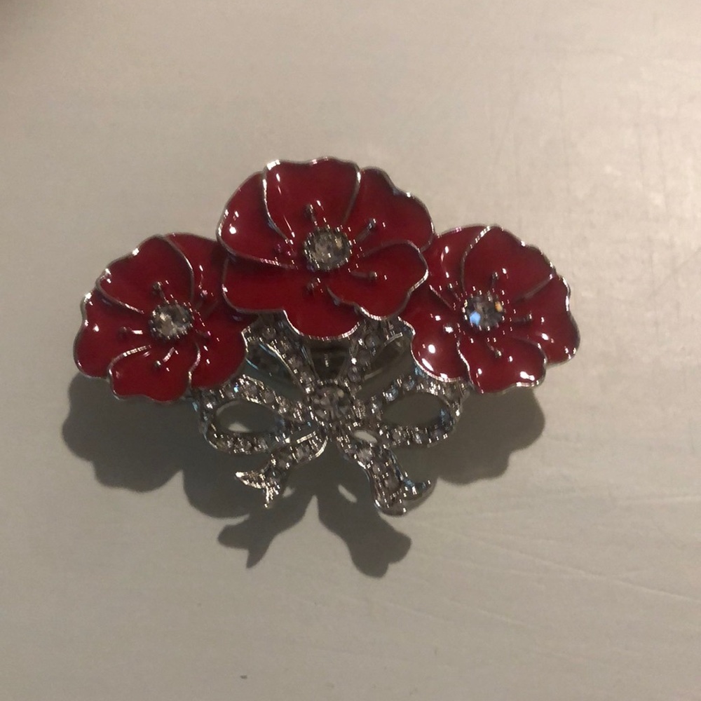 White crystal and enameled poppy brooch